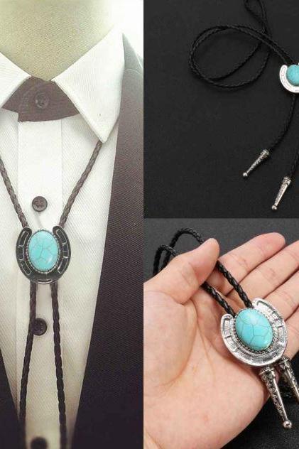 Cowboy's Bolo Ties Handmade Vintage Necklace Retro Turquoise Horseshoe Stone Neckties for Men