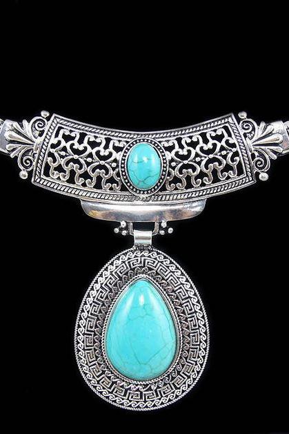 Vintage Turquoise Stone Silver Tibetan Plated Statement Necklaces and Pendants