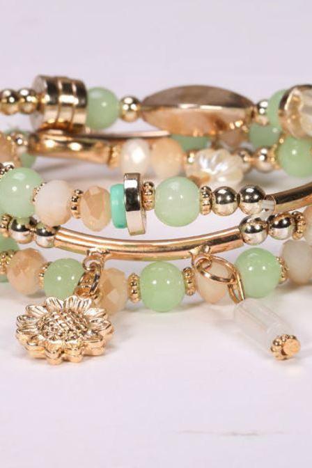 Womens Beautiful Mint Green Bracelet Chinese Jade Beads Multi-Layer Mintgreen Cuffs