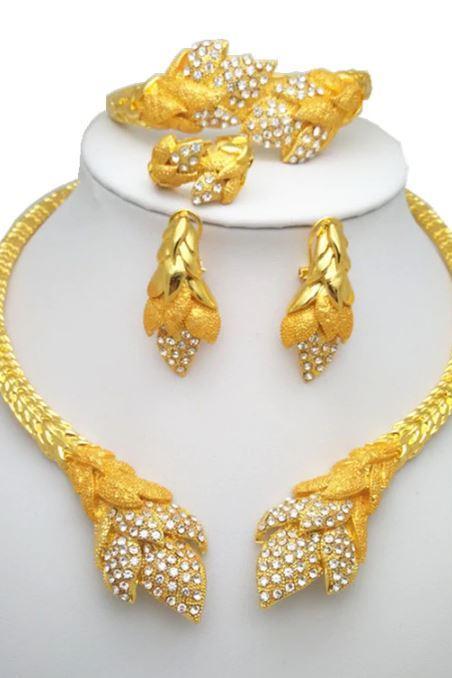 4pcs/SET Big Jewelries for Women 2020 Dubai Gold Color Chunky Necklace Matching Golden Earrings