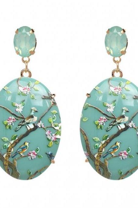 Mintgreen Earrings for Women Floral Tear Drop Earrings with Birds Mint Green Resin Oval Earrings Hand Painted Hand Sculptured Earrings