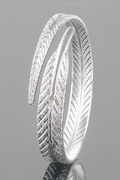 adjustable 999 fine silver bracelet leaf feather silver bracelets for women