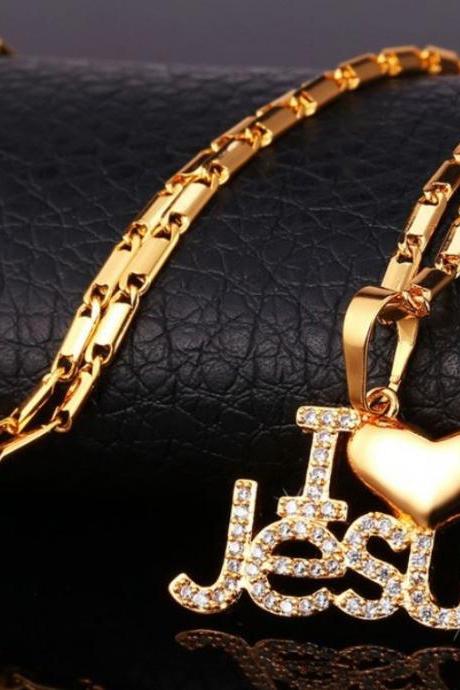 gold plated necklace for women "I LOVE JESUS" heart necklace for teen girls and women 18K gold plated