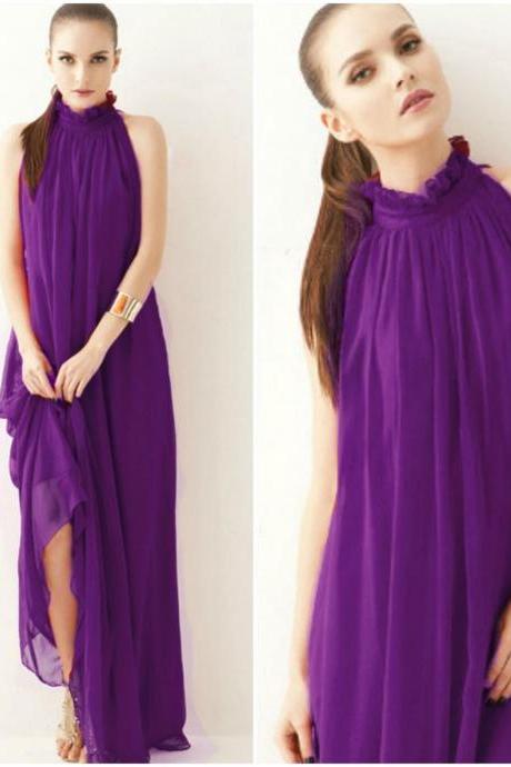 Purple Maxi Dress Purple Long Dress Sleeveless with Ruffled Collar Purple Evening Dress