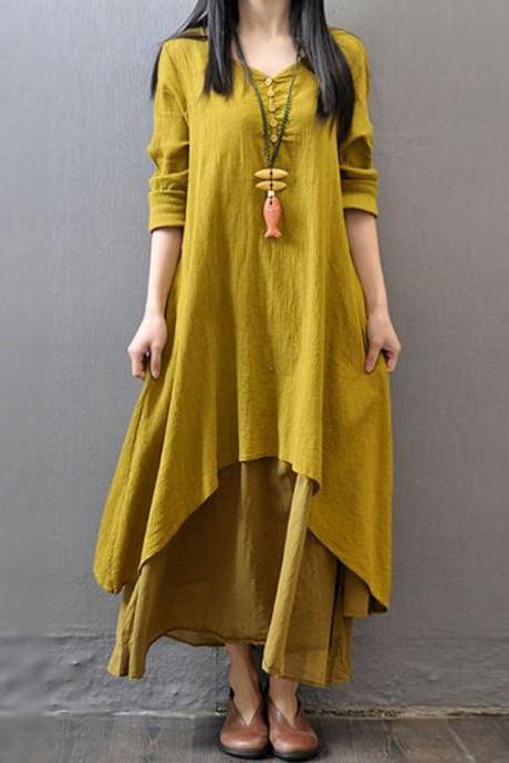 Yellow Maxi Dress Plus Sizes 3XL,4XL,5XL Linen Cotton Made Breathable Yellow Maxi Dresses
