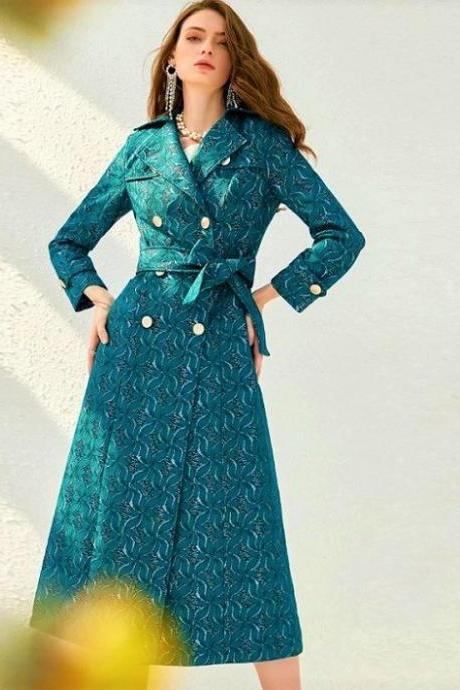 Rsslyn Turquoise Dress Coats for Women High-Quality Trench Coats with Class Embroidery Workmanship