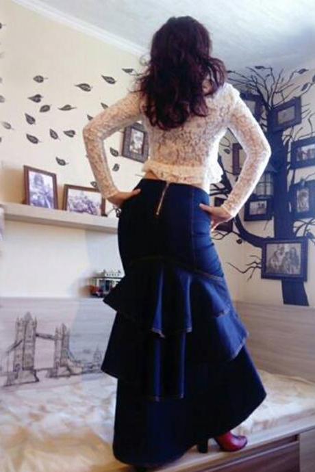 Ruffled Denim Skirts for Fashion Lady High Quality Mermaid Style Denim Long Skirts