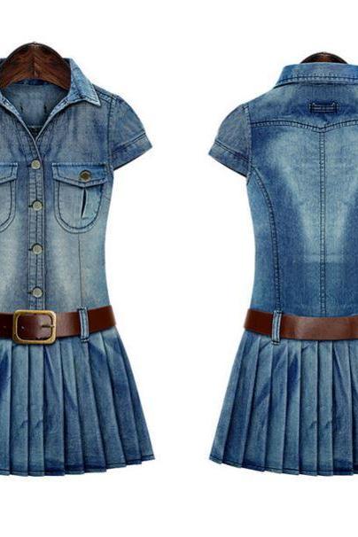Cowgirl Texas Style Dress with Brown Leather Belt Denim Pleated Dress for Women Sexy Cowgirl Dress