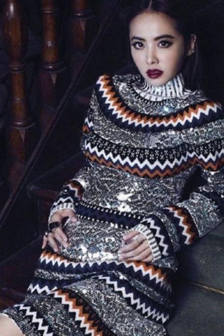 Colorful Runaway Luxury Bling Sequined Colorful Striped Wool Sweater Dress