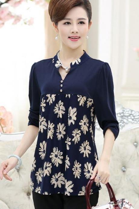 New Fashion Navy Blue Blouse for Women Printed Floral Blouse with Stand Collar