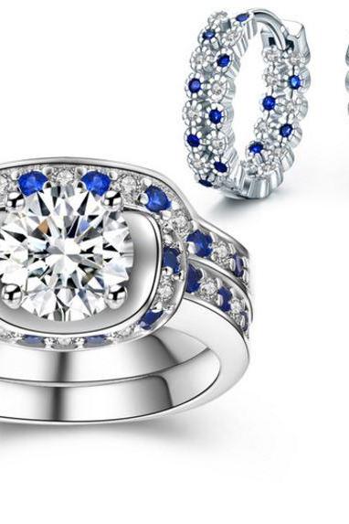 Jewelry Set for Women Blue Sapphire Jewelry Sets CZ Diamond Earrings Ring