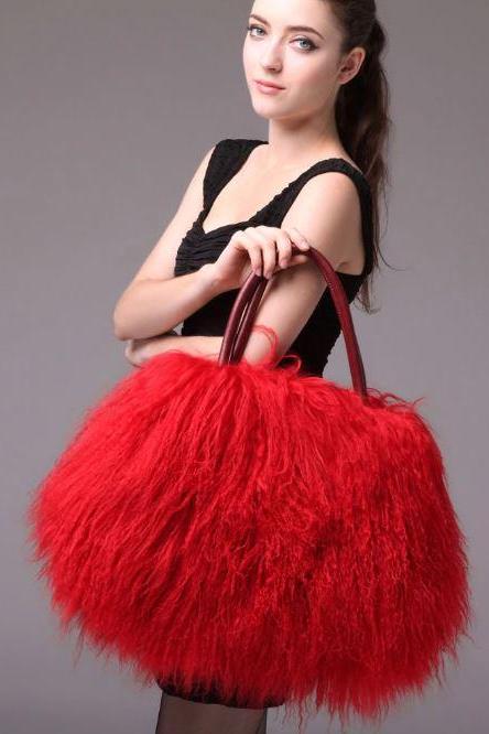 Red Winter Bags Wool Sheep Fur Pillow Traveling Red Bags for Women Warm Wool Large Bags for Women