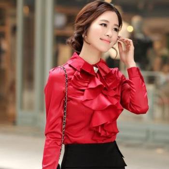 New Women Spring And Summer Fashion StyleTops Blouse -Red Ruffled Top ...