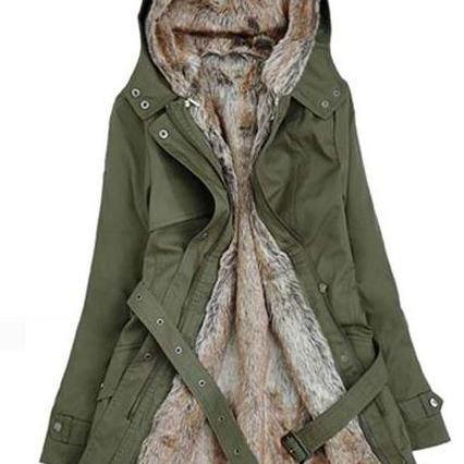 Rsslyn Fashion Army Green Parka with Belt for Women Detachable Soft Green Fur Lining Down Parkas