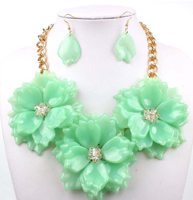 Big Flower Jewelry Set Chunky Mint Green Chokers For Women Acrylic ...