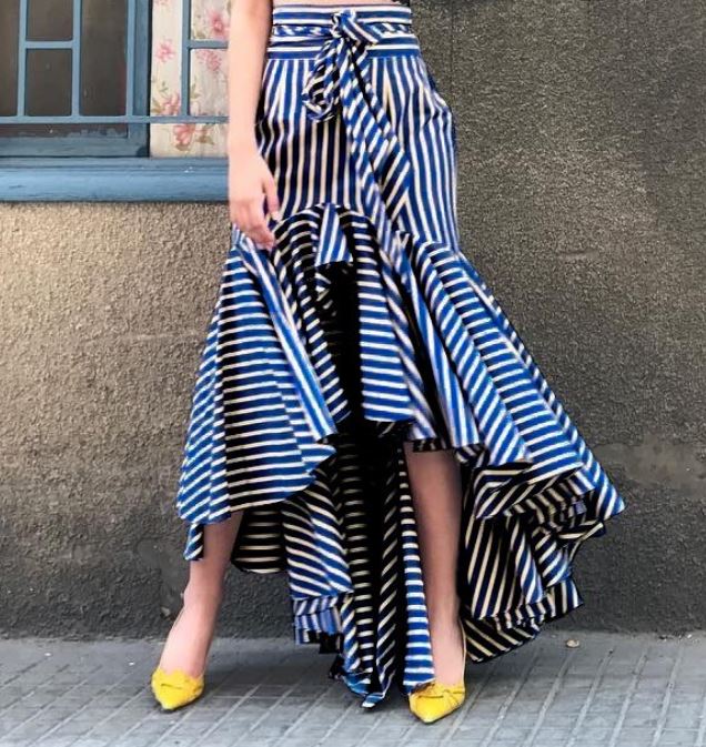 Navy Blue Modest Striped Ruffled Floor Length Maxi Skirts With Bow For ...