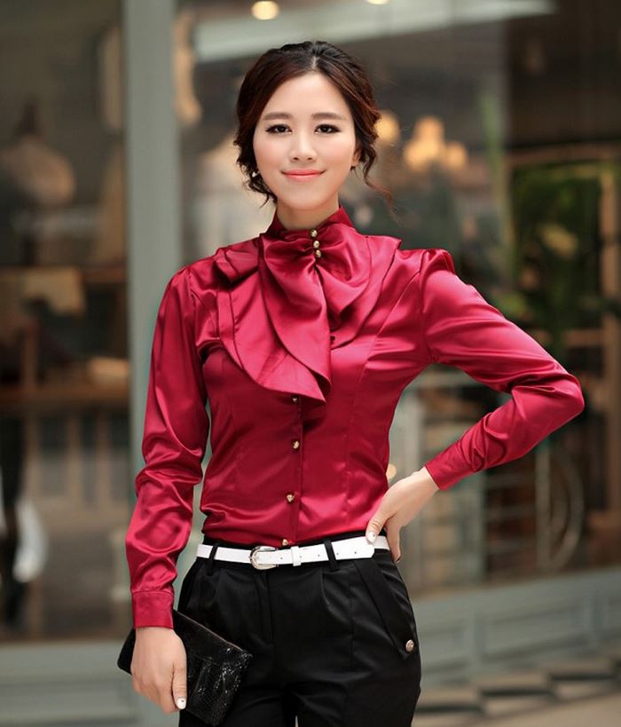 ROYAL BLUE SILK Casual Blouse Ruffles Blouses For Women Work,Offices on ...