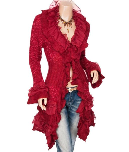 Sweet Red Cardigan Ruffled Collar Long Sleeve Fall Cardigan For Women ...