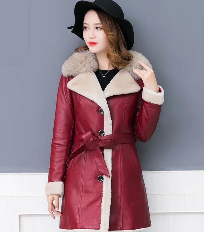 Slim Fit Red Wool Overcoats Luxury Leather Coats For Women Sheepskin ...