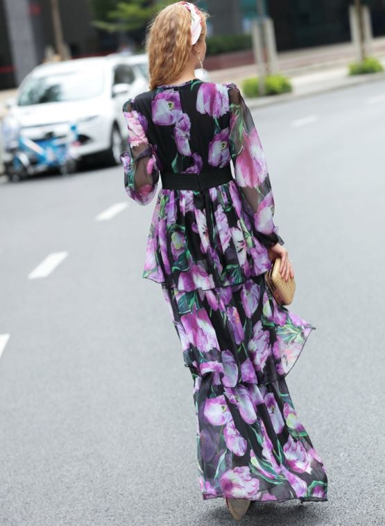 Printed Tulip Flower Purple Floral Dress For Women High Quality Maxi ...