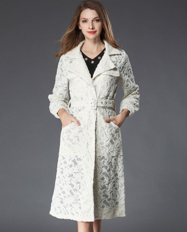 High Quality Belted Lacy Off White Trench Coats For Women Patchwork ...