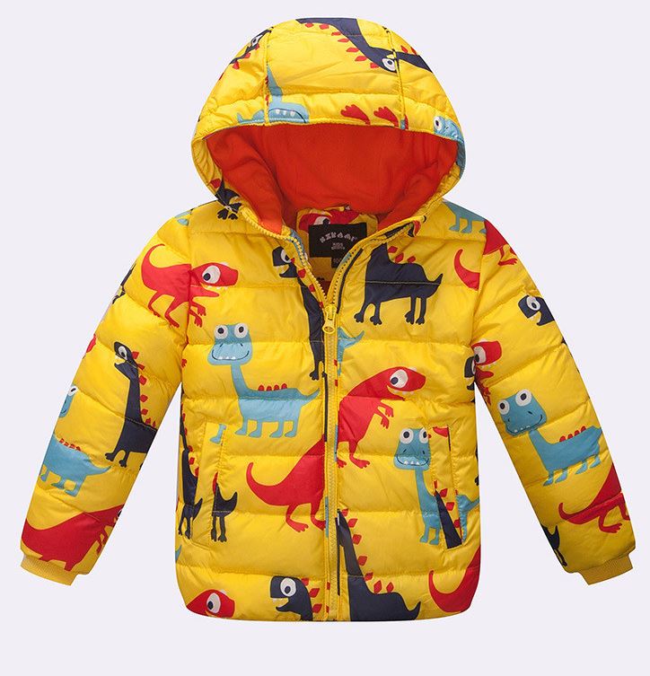 Boys Yellow Parka Jacket With Printed Dino Dinosaurs Animal With Hood ...